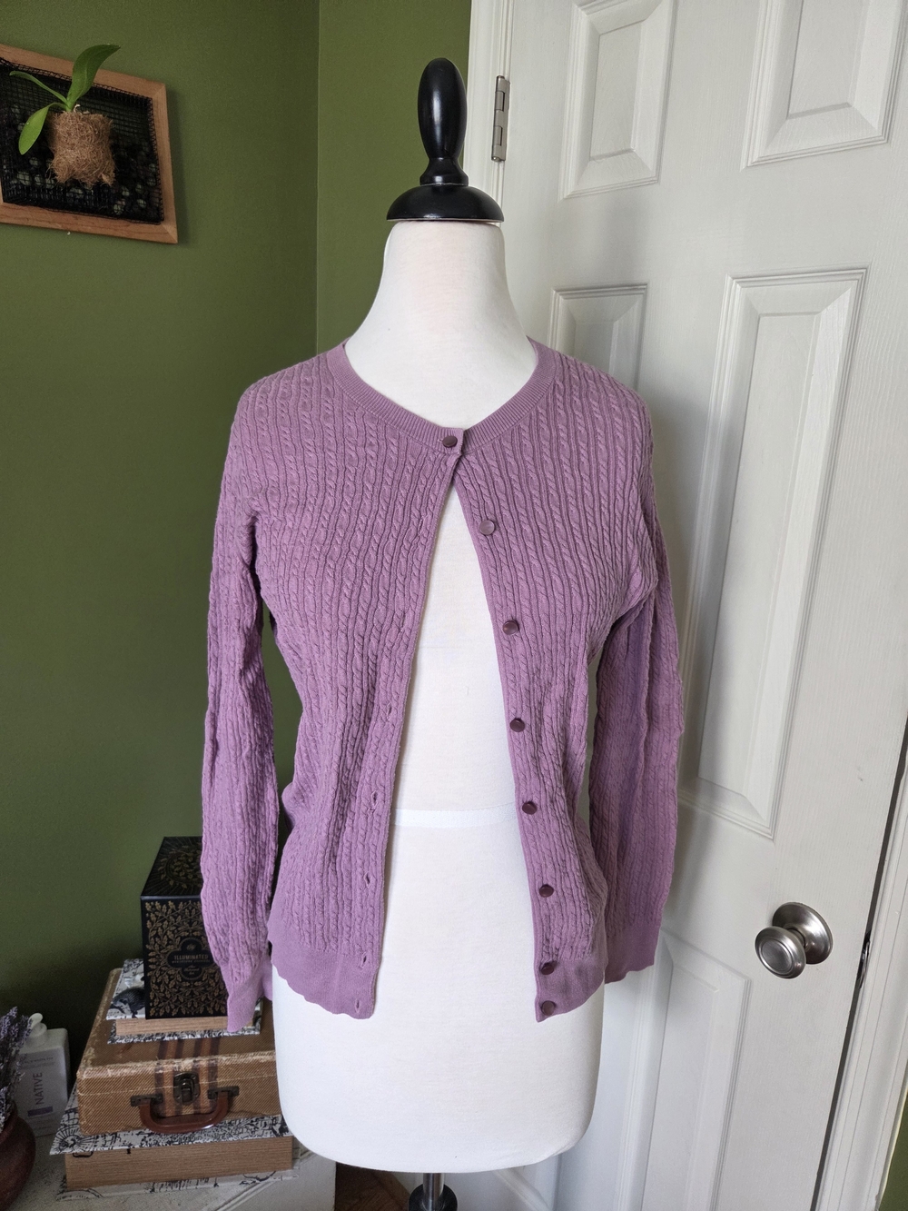 Talbots Lavender Cable-Knit Button Cardigan